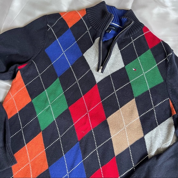 Tommy Hilfiger Argyle quarter zip blue red green tan orange sweater medium mens - Picture 2 of 4